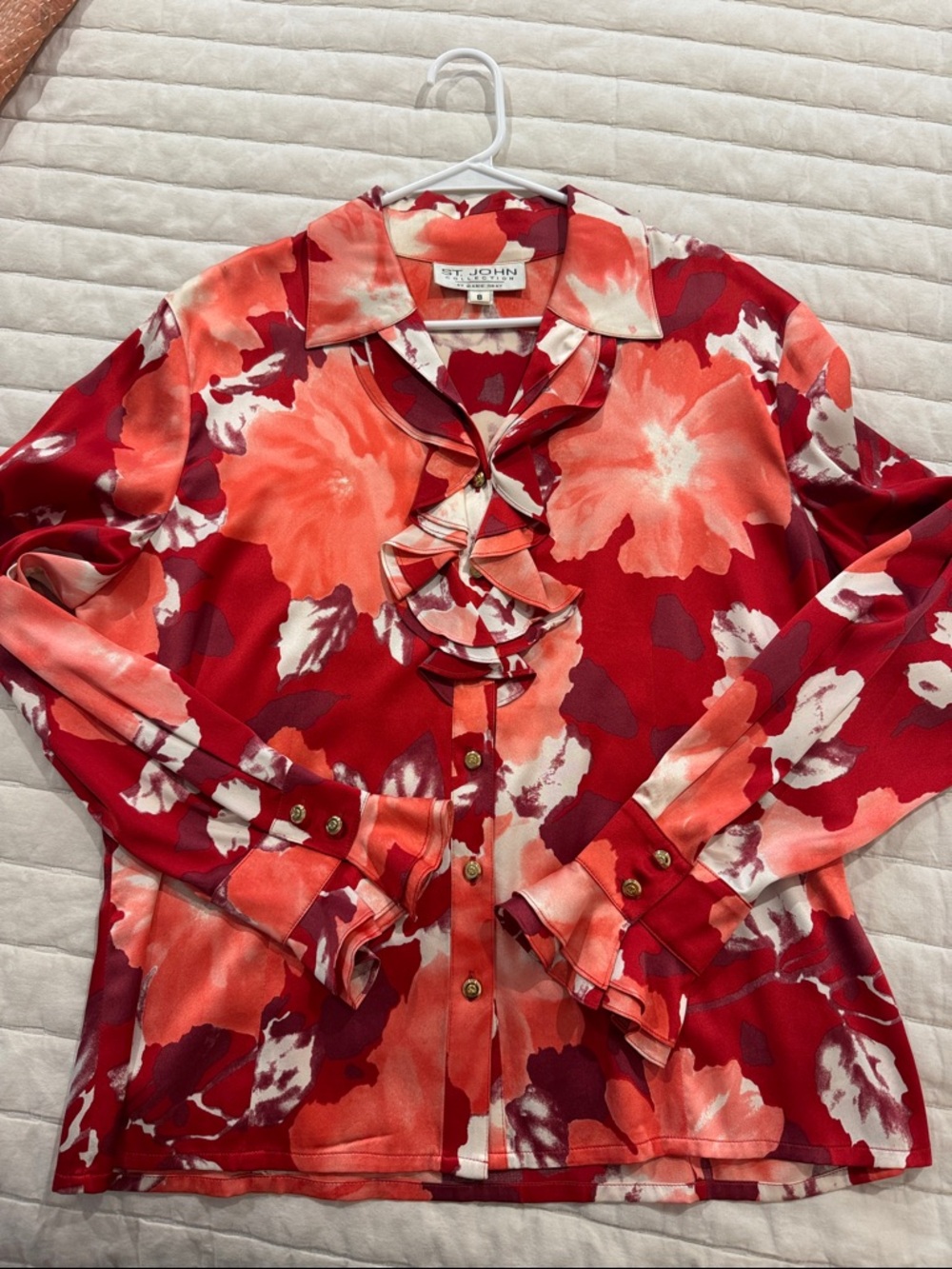 St. John Red & Coral Silk Ruffle Blouse